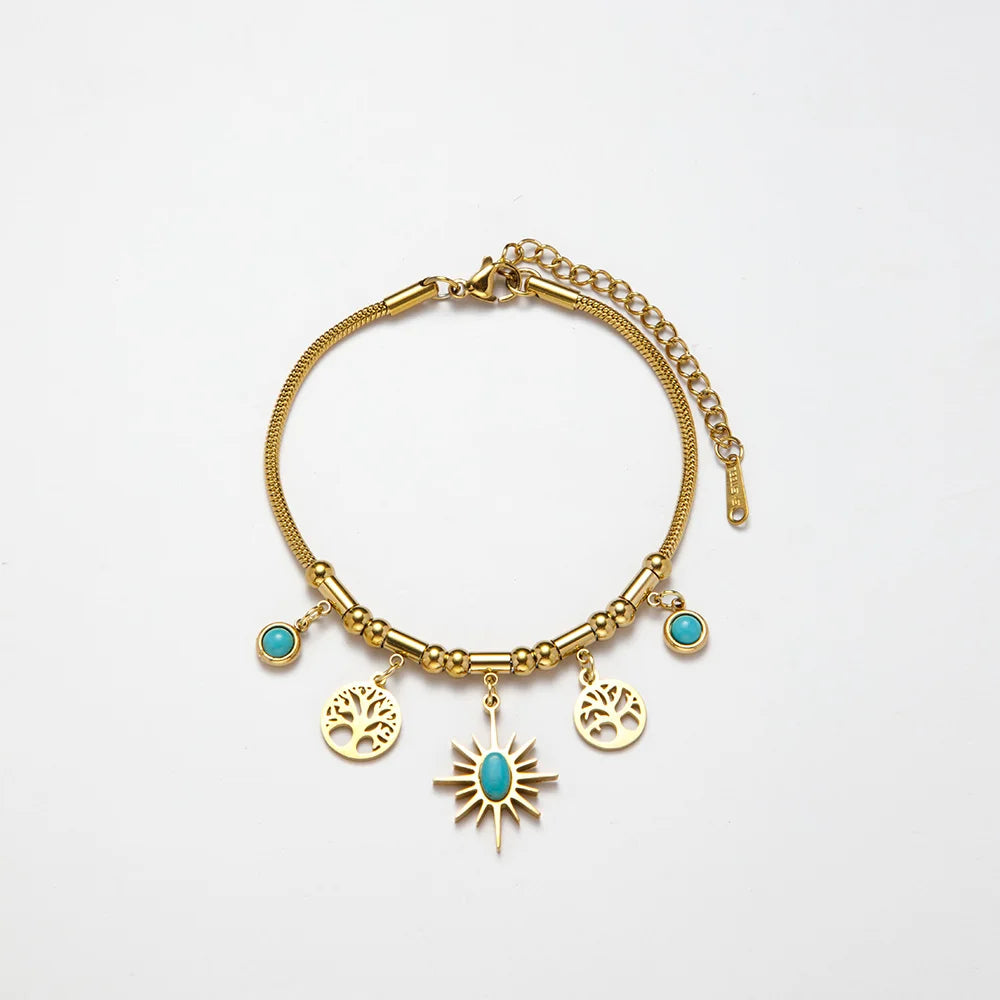 Vintage Bohemian Jewelry Waterproof 18k Gold Plated 316L Stainless Steel Tree of Life Turquoise Pendants Necklace YF3586