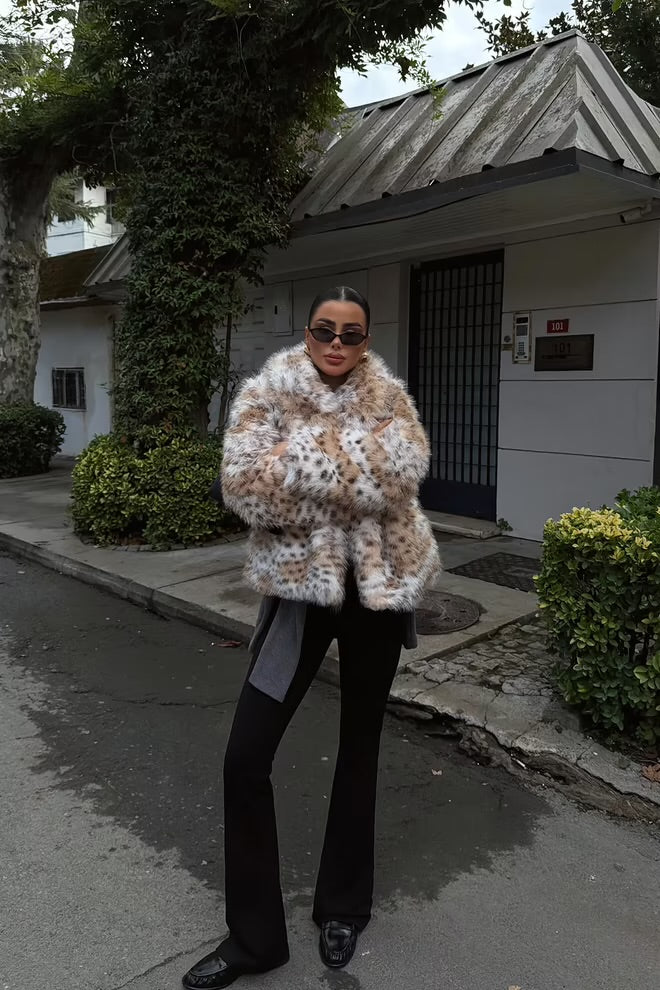 Mix Color Fur Jacket With Animal Print Pattern