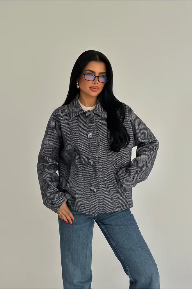 Grey Oversized Fit Herringbone Buttoned Jacket