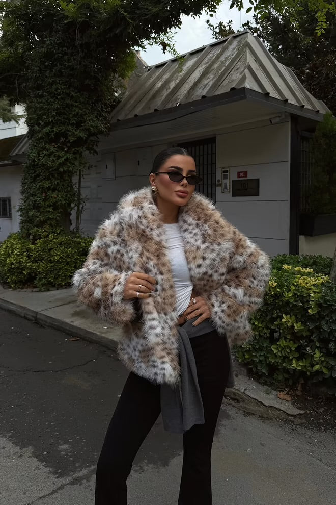 Mix Color Fur Jacket With Animal Print Pattern