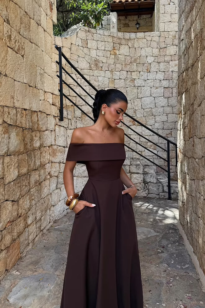 Elegant A-Line Maxi Dress With Off Shoulder Neck
