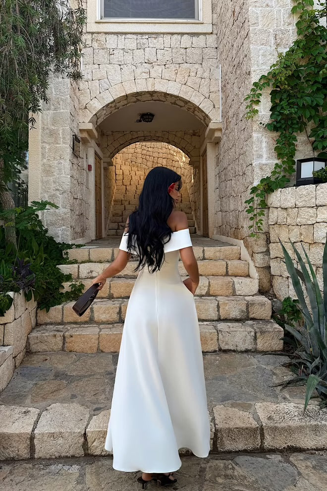 Elegant A-Line Maxi Dress With Off Shoulder Neck