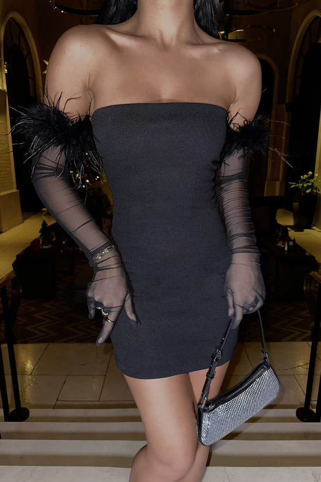 Black Strapless Sleeves Tulle Dress