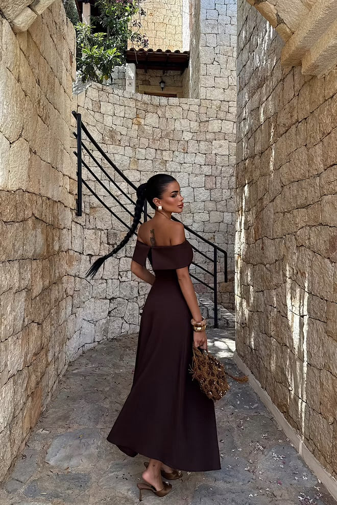 Elegant A-Line Maxi Dress With Off Shoulder Neck