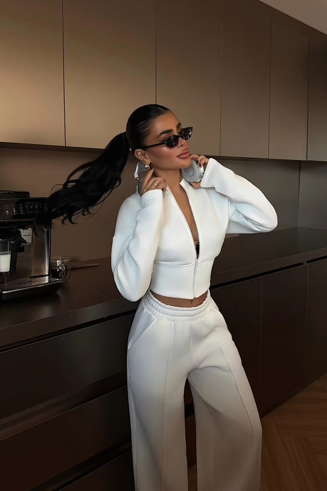 Tracksuit With Hooded Neck And Wide Leg Palazzo Pants