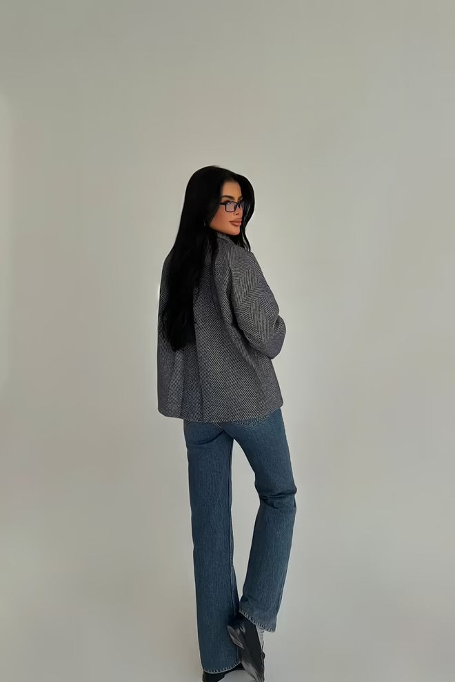 Grey Oversized Fit Herringbone Buttoned Jacket