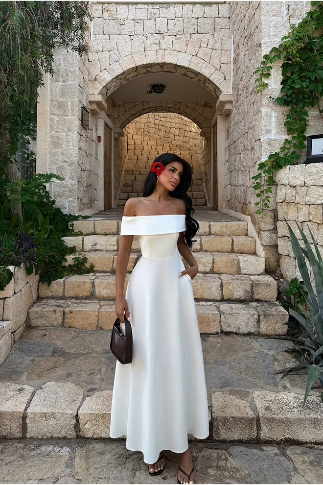 Elegant A-Line Maxi Dress With Off Shoulder Neck