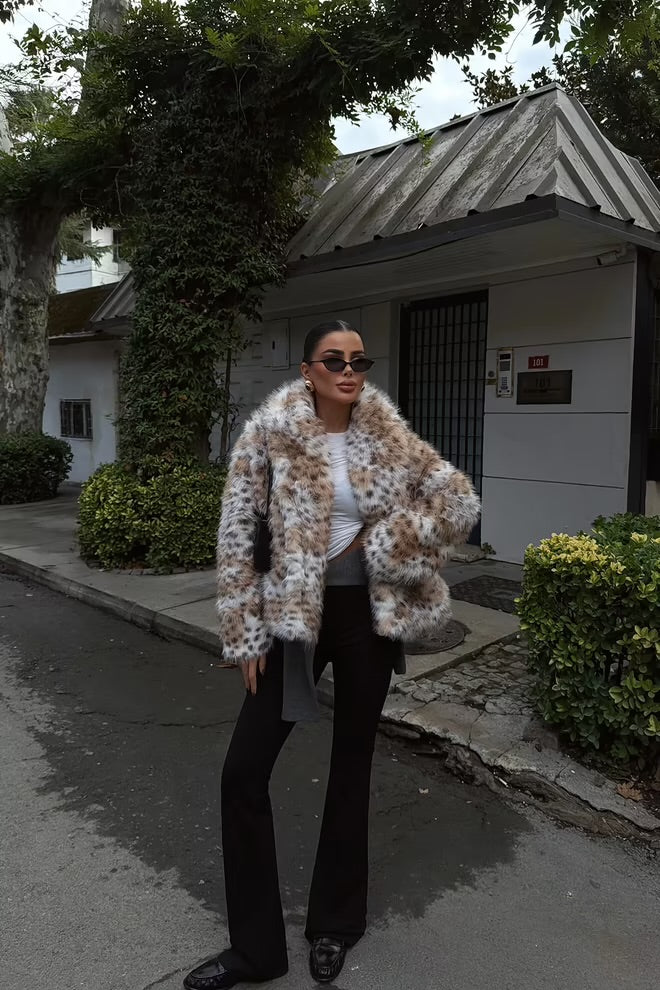 Mix Color Fur Jacket With Animal Print Pattern