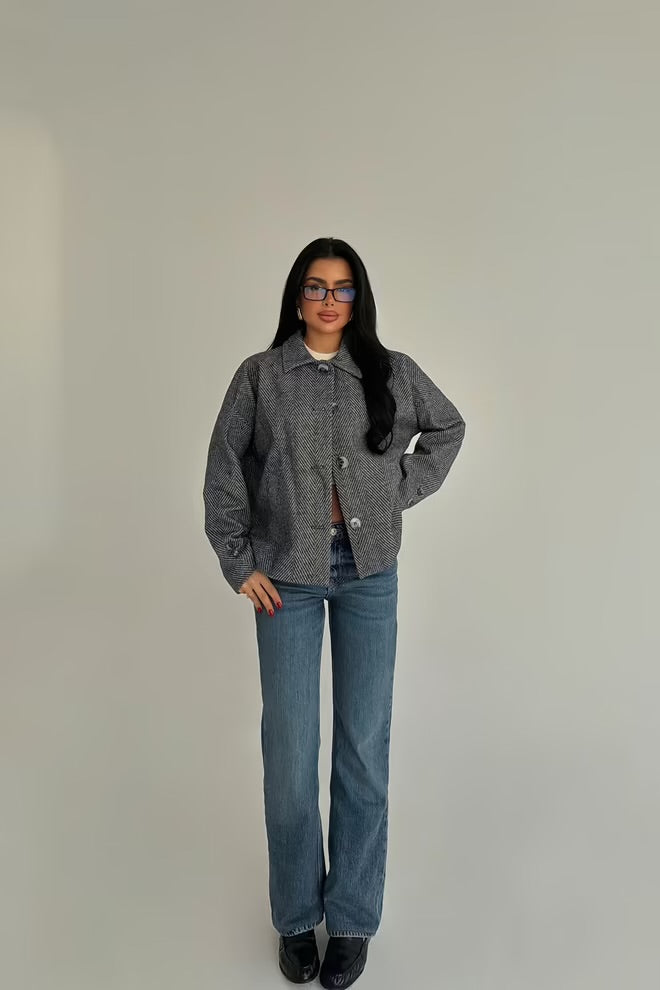 Grey Oversized Fit Herringbone Buttoned Jacket