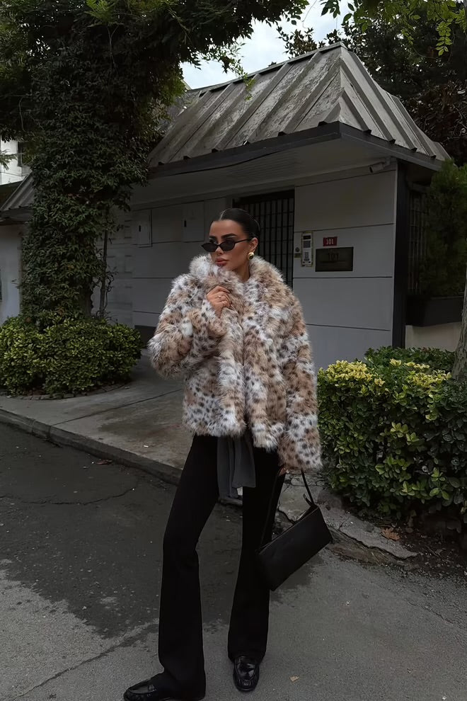 Mix Color Fur Jacket With Animal Print Pattern