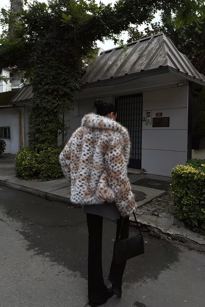 Mix Color Fur Jacket With Animal Print Pattern