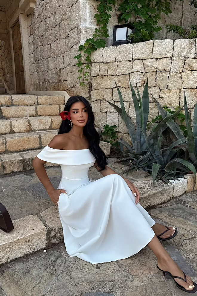 Elegant A-Line Maxi Dress With Off Shoulder Neck