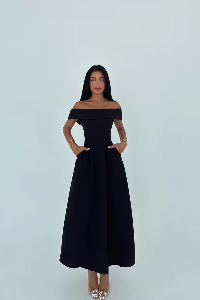 Elegant A-Line Maxi Dress With Off Shoulder Neck