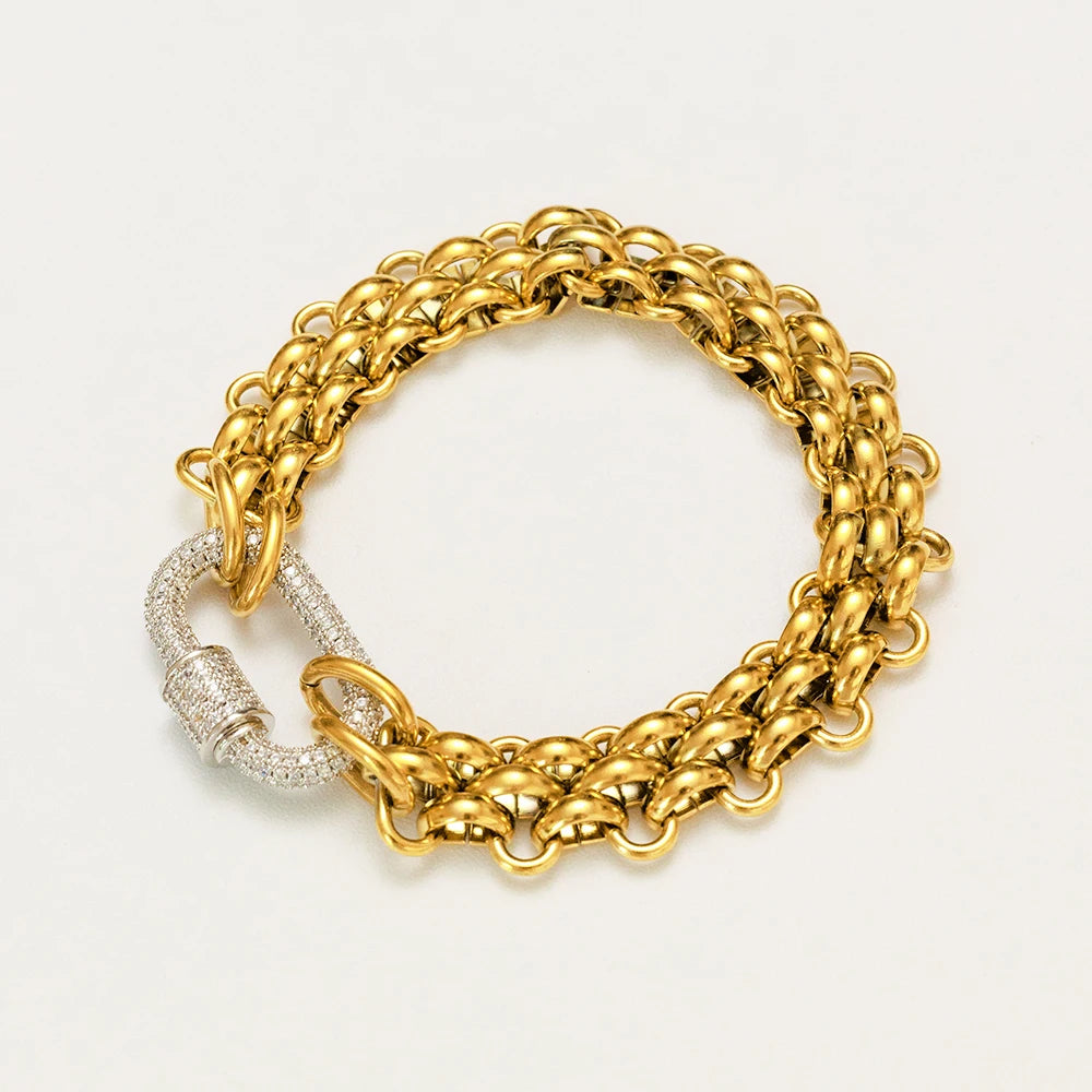 Fashion 18k Gold Plated Stainless Steel Hypoallergenicity Three Layer Weaving Chunky Chain Zircon Clasp Bracelet