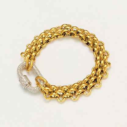 Fashion 18k Gold Plated Stainless Steel Hypoallergenicity Three Layer Weaving Chunky Chain Zircon Clasp Bracelet