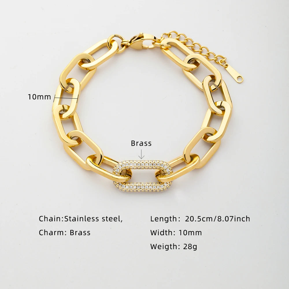 Unique Design 18k Gold Plated Stainless Steel Two Tone Splicing Chain Oval Full Zircon Charms Bracelet for Women