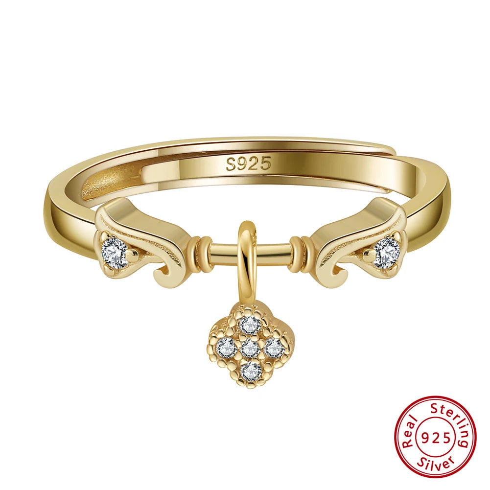 Open Adjustable Ring 14k Gold Plated with Zirconia Ring Four Leaf Clover Design Pendant  925 Silver Ring