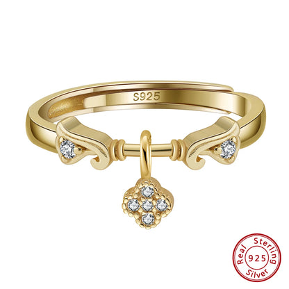 Open Adjustable Ring 14k Gold Plated with Zirconia Ring Four Leaf Clover Design Pendant  925 Silver Ring