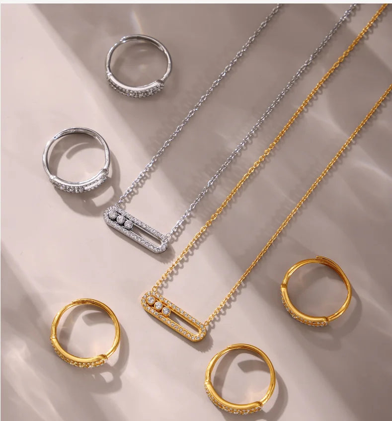 Latest High Quality Stainless Steel Gold Plated Jewelry Sets Women Sliding Zircon Set with Pendant Necklace and Ring