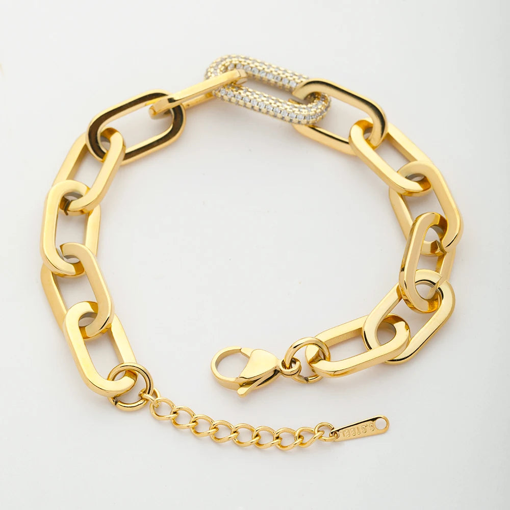 Fashion Designer Jewelry 18K Gold Plated Statement Stainless Steel Thick Caper Clip Chain Cubic Zirconia Charms Bracelet