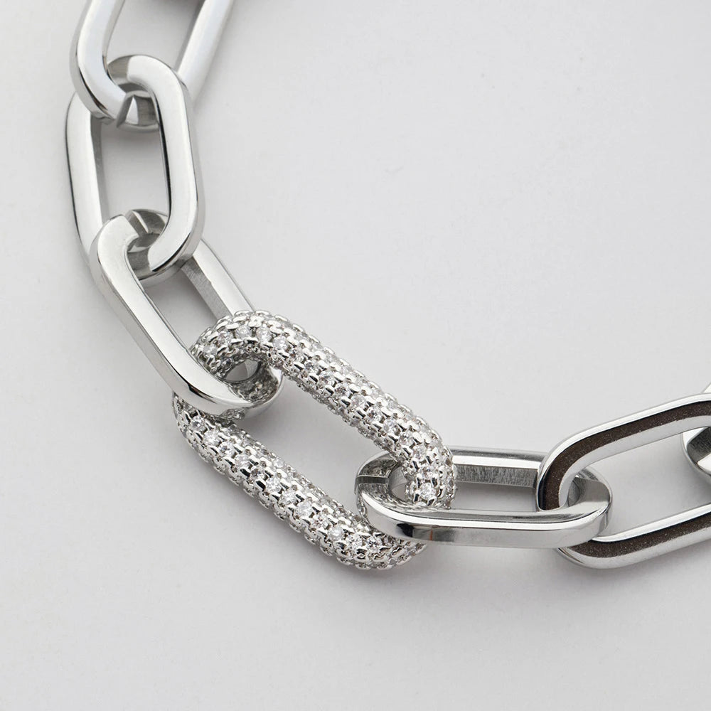 Fashion Designer Jewelry 18K Gold Plated Statement Stainless Steel Thick Caper Clip Chain Cubic Zirconia Charms Bracelet