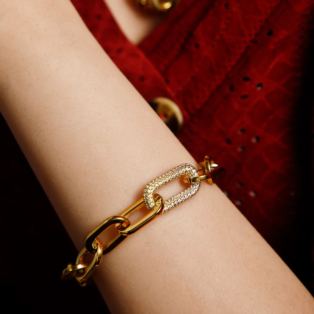 Fashion Designer Jewelry 18K Gold Plated Statement Stainless Steel Thick Caper Clip Chain Cubic Zirconia Charms Bracelet