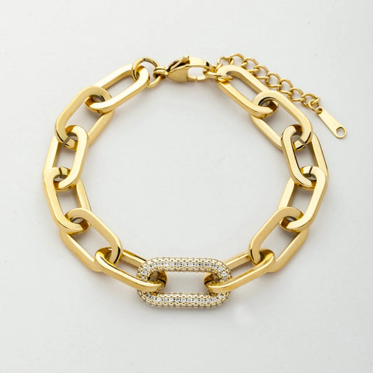 Fashion Designer Jewelry 18K Gold Plated Statement Stainless Steel Thick Caper Clip Chain Cubic Zirconia Charms Bracelet