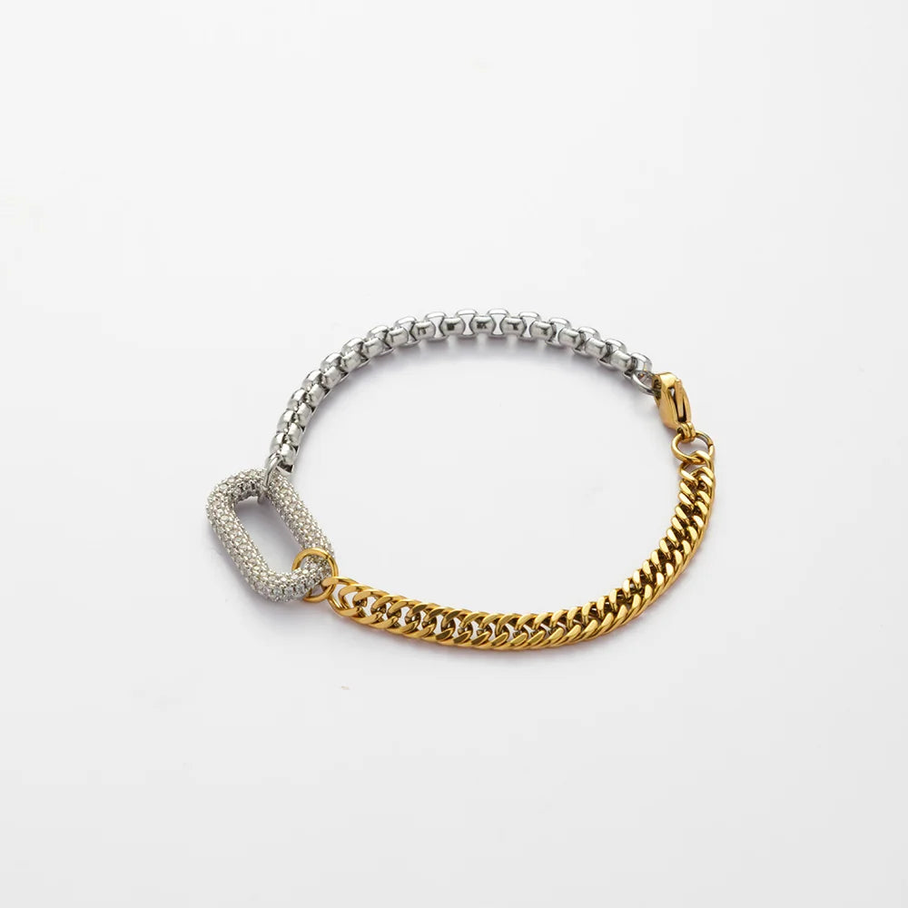 Unique Design 18k Gold Plated Stainless Steel Two Tone Splicing Chain Oval Full Zircon Charms Bracelet for Women