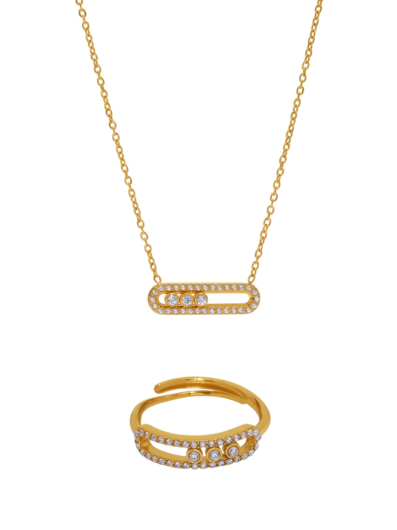 Latest High Quality Stainless Steel Gold Plated Jewelry Sets Women Sliding Zircon Set with Pendant Necklace and Ring