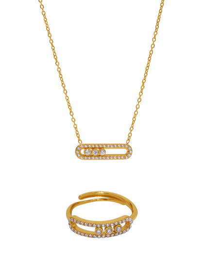 Latest High Quality Stainless Steel Gold Plated Jewelry Sets Women Sliding Zircon Set with Pendant Necklace and Ring