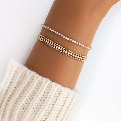 Trendy Waterproof 18K Gold Stainless Steel 2mm Shiny Cubic Zirconia Classic Tennis Chain Bracelet for Women