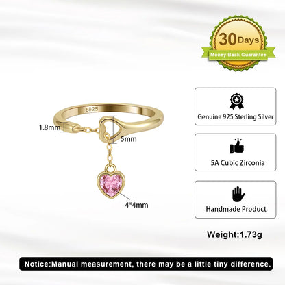 Women S925 Silver Love Heart Pastel Pink Heart Pendant Finger Ring