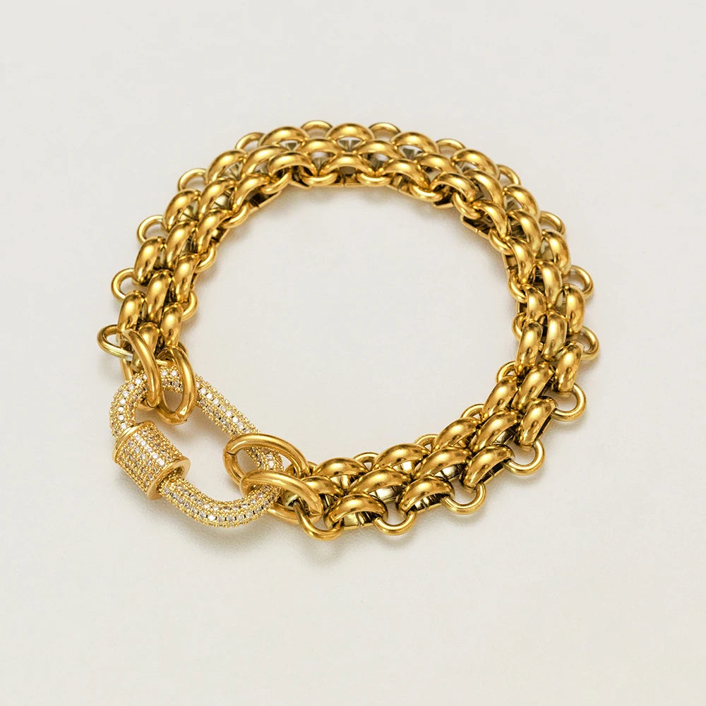 Fashion 18k Gold Plated Stainless Steel Hypoallergenicity Three Layer Weaving Chunky Chain Zircon Clasp Bracelet
