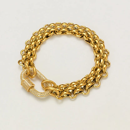 Fashion 18k Gold Plated Stainless Steel Hypoallergenicity Three Layer Weaving Chunky Chain Zircon Clasp Bracelet