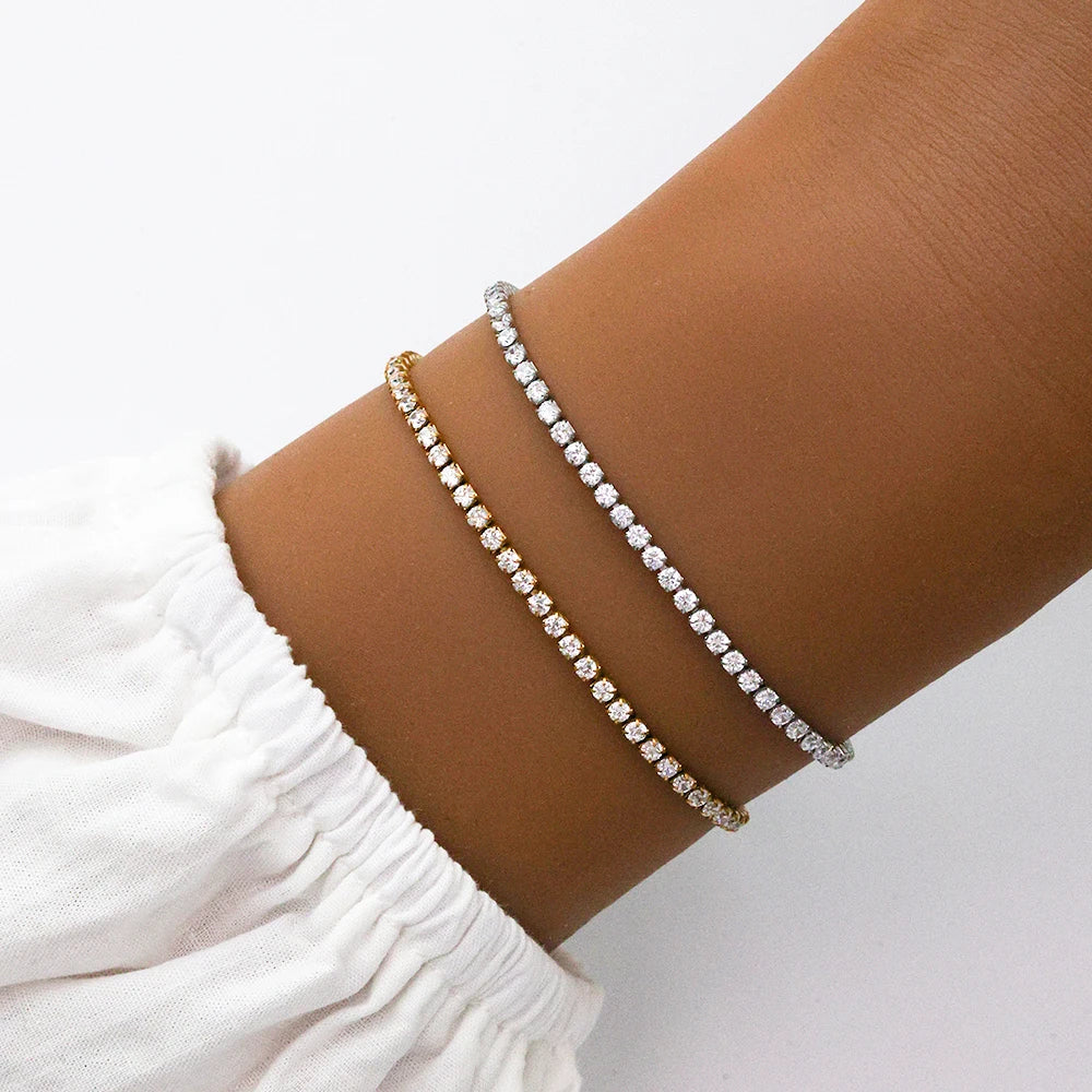 Trendy Waterproof 18K Gold Stainless Steel 2mm Shiny Cubic Zirconia Classic Tennis Chain Bracelet for Women