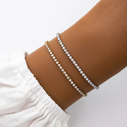 Trendy Waterproof 18K Gold Stainless Steel 2mm Shiny Cubic Zirconia Classic Tennis Chain Bracelet for Women