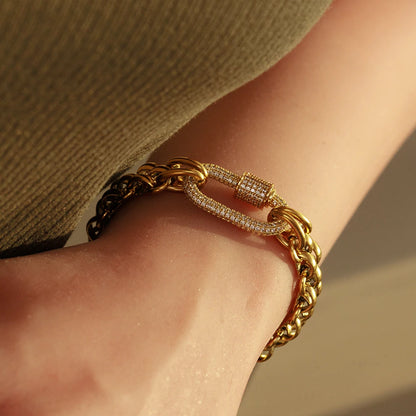 Fashion 18k Gold Plated Stainless Steel Hypoallergenicity Three Layer Weaving Chunky Chain Zircon Clasp Bracelet