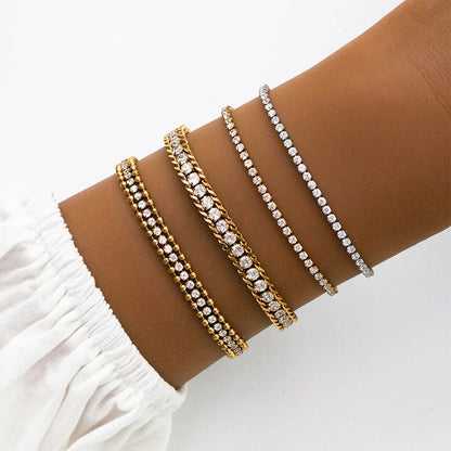 Trendy Waterproof 18K Gold Stainless Steel 2mm Shiny Cubic Zirconia Classic Tennis Chain Bracelet for Women