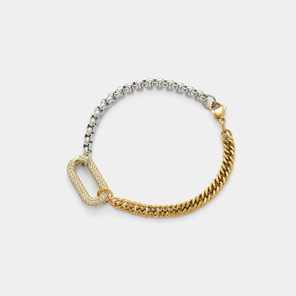 Unique Design 18k Gold Plated Stainless Steel Two Tone Splicing Chain Oval Full Zircon Charms Bracelet for Women