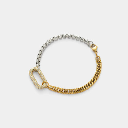 Unique Design 18k Gold Plated Stainless Steel Two Tone Splicing Chain Oval Full Zircon Charms Bracelet for Women