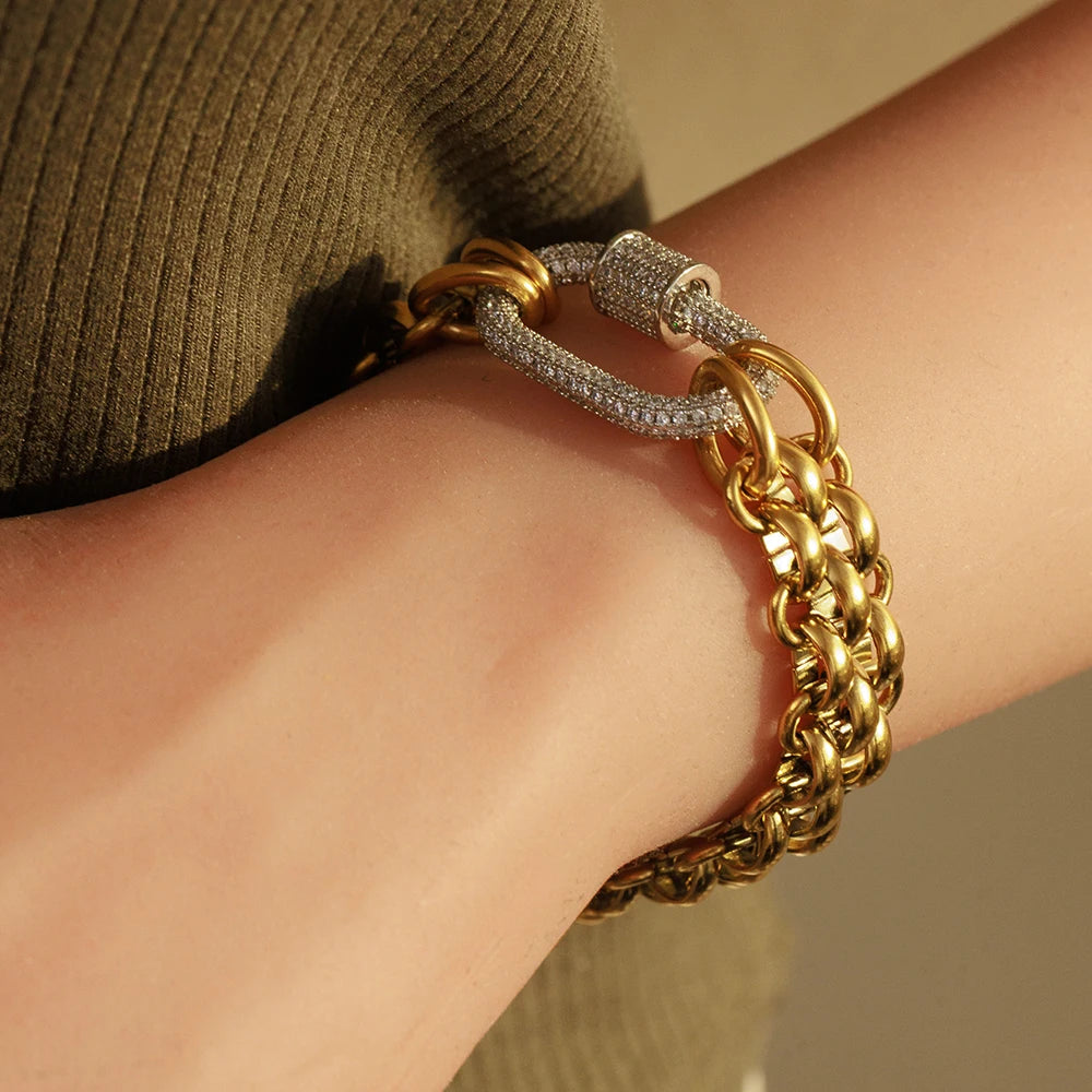 Fashion 18k Gold Plated Stainless Steel Hypoallergenicity Three Layer Weaving Chunky Chain Zircon Clasp Bracelet