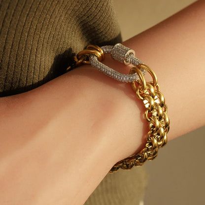 Fashion 18k Gold Plated Stainless Steel Hypoallergenicity Three Layer Weaving Chunky Chain Zircon Clasp Bracelet