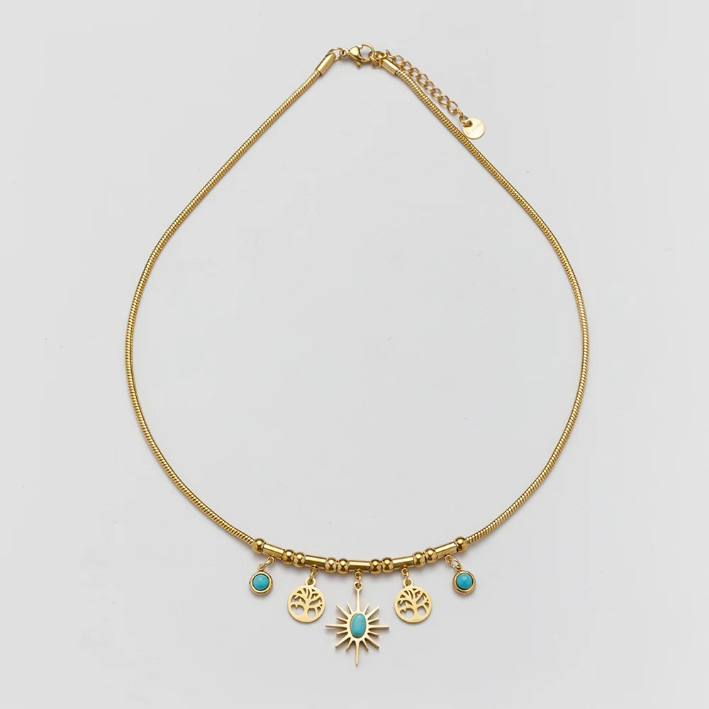 Vintage Bohemian Jewelry Waterproof 18k Gold Plated 316L Stainless Steel Tree of Life Turquoise Pendants Necklace YF3586