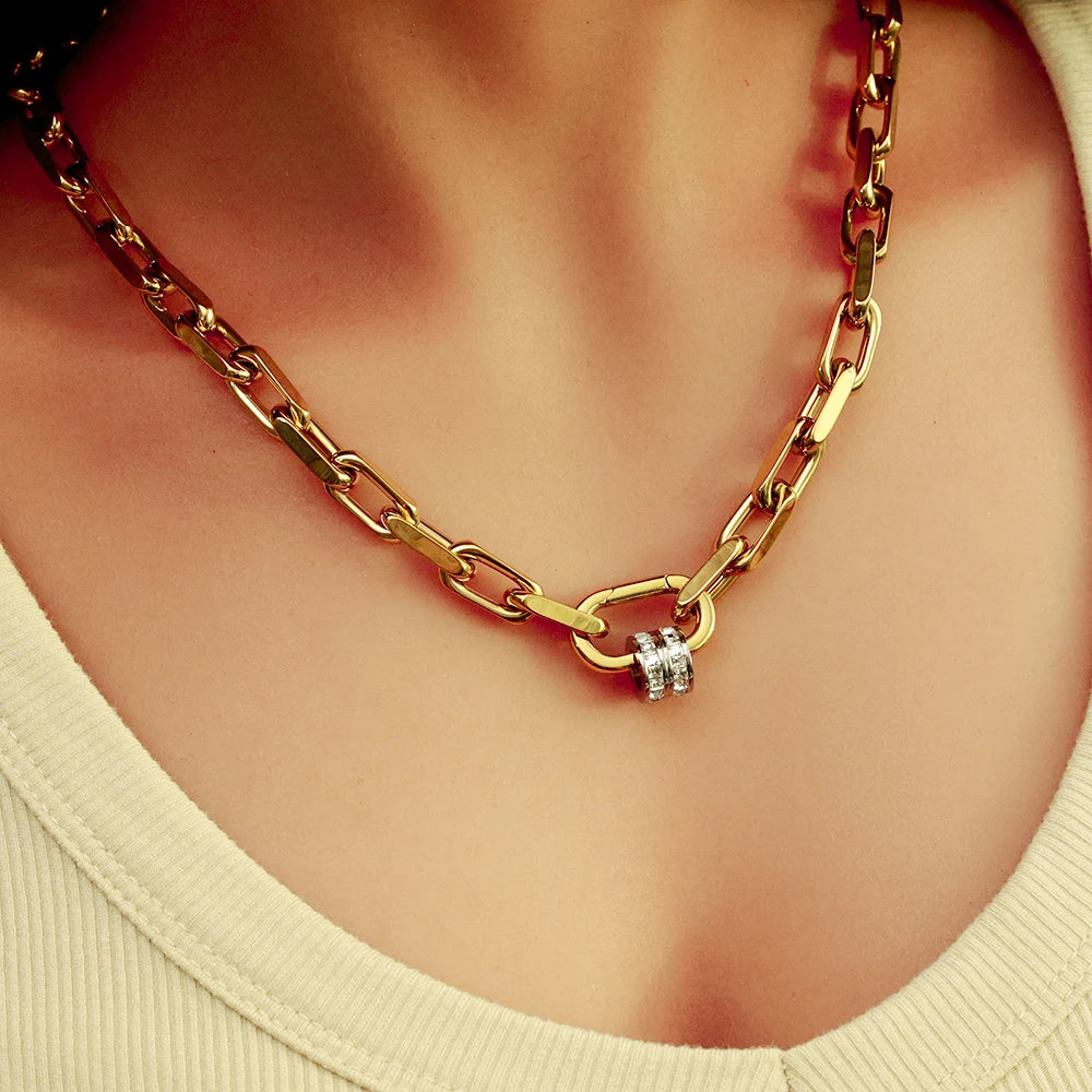 YF Design Waterproof Stainless Steel Jewelry Set 18k Gold Plated Thick Chain Spring Clasp Chunky Bracelet Necklace