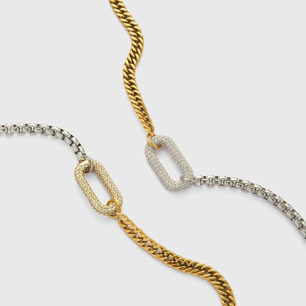 Unique Design 18k Gold Plated Stainless Steel Two Tone Splicing Chain Oval Full Zircon Charms Bracelet for Women