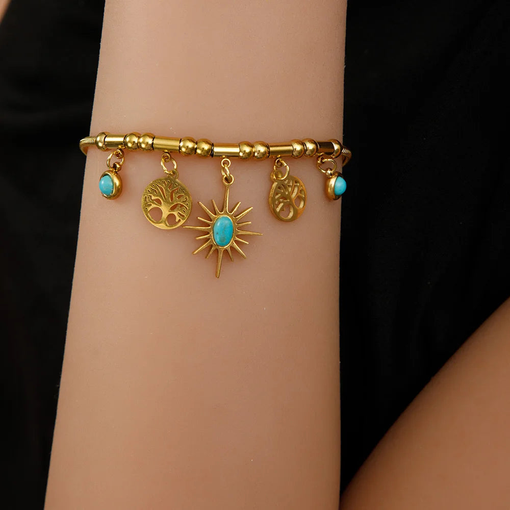 Vintage Bohemian Jewelry Waterproof 18k Gold Plated 316L Stainless Steel Tree of Life Turquoise Pendants Necklace YF3586