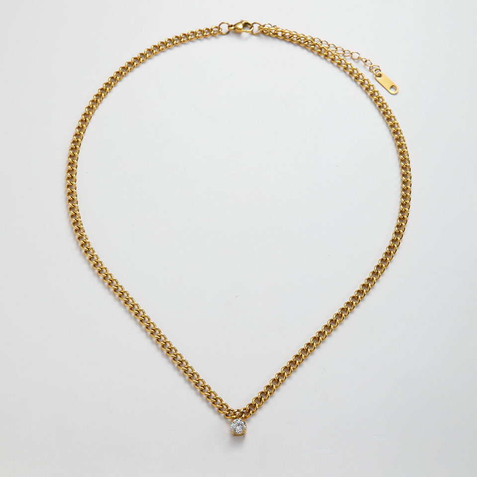 Trendy Jewelry Wasserdichte 18 Karat PVD vergoldete Edelstahl Chunky Curb Chain Single Zirkonia Anhänger Halskette