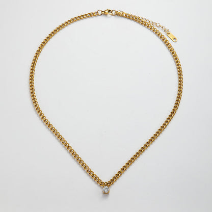 Trendy Jewelry Wasserdichte 18 Karat PVD vergoldete Edelstahl Chunky Curb Chain Single Zirkonia Anhänger Halskette