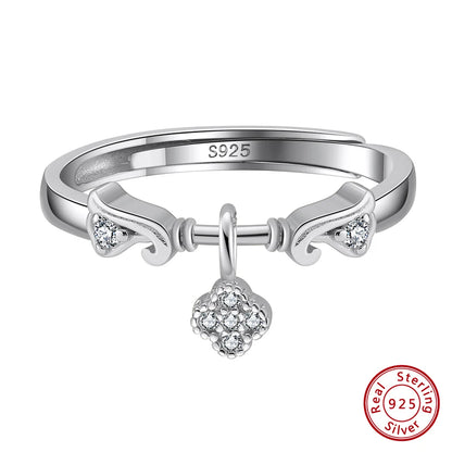 Open Adjustable Ring 14k Gold Plated with Zirconia Ring Four Leaf Clover Design Pendant  925 Silver Ring