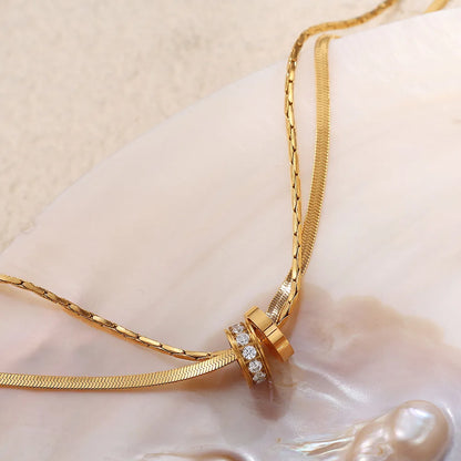 Stainless Steel Double Layered Chain Stacked Jewelry 18k Gold Plated White Zircon Double Ring Pendant Necklace